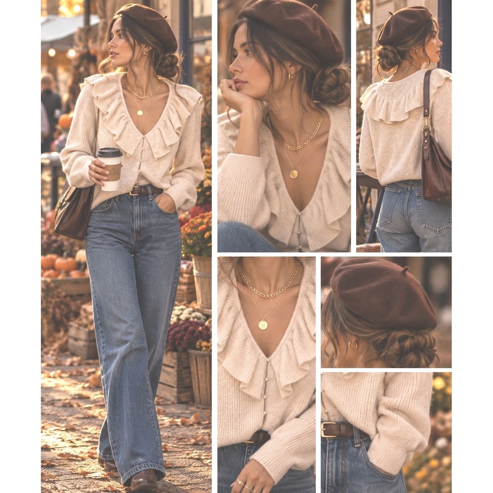 H&M romantic ruffle french button front parisian oatmeal cozy soft cool LG layer